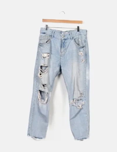 Bershka Pantalón denim claro ripped