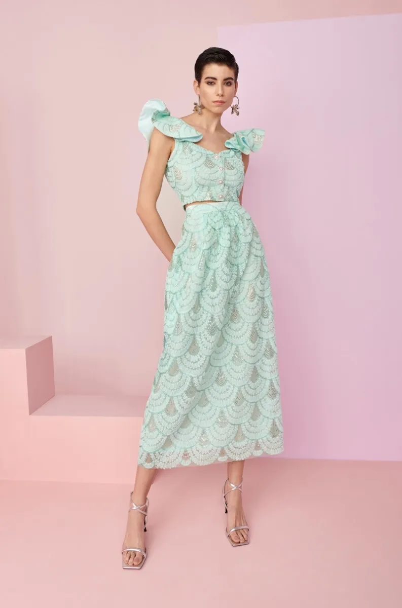 Conjunto tul aguamarina top volantes y falda Tevernier