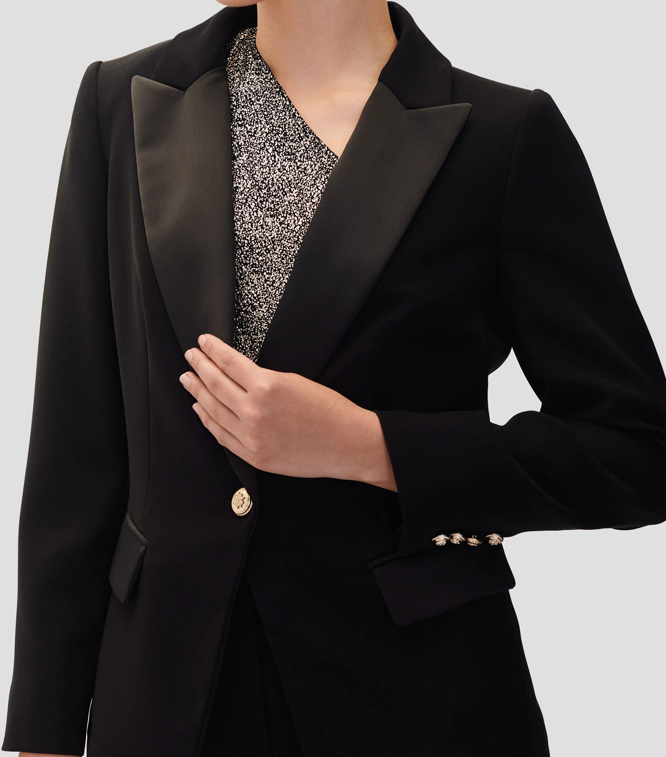 Julio Blazer Negro Combinación Satín Solapa De Pico Mujer