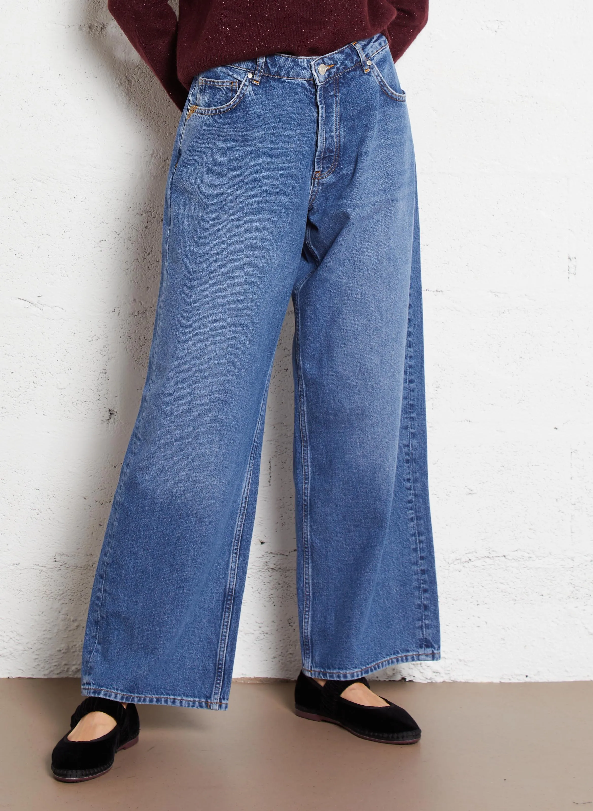 REIKO PISE - Pantalón ancho con bragueta abotonada de algodón en azul