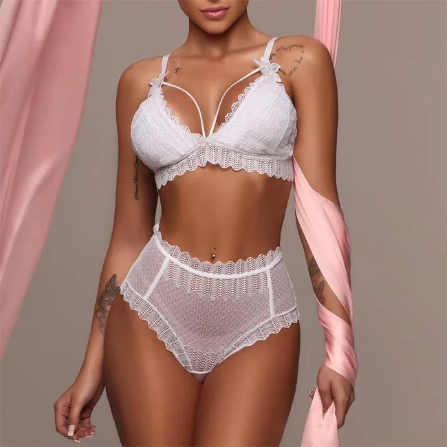 Sexy Bandage Underwear White Hollow Bra Panty 2 Piece Set Women Intimate Lingerie