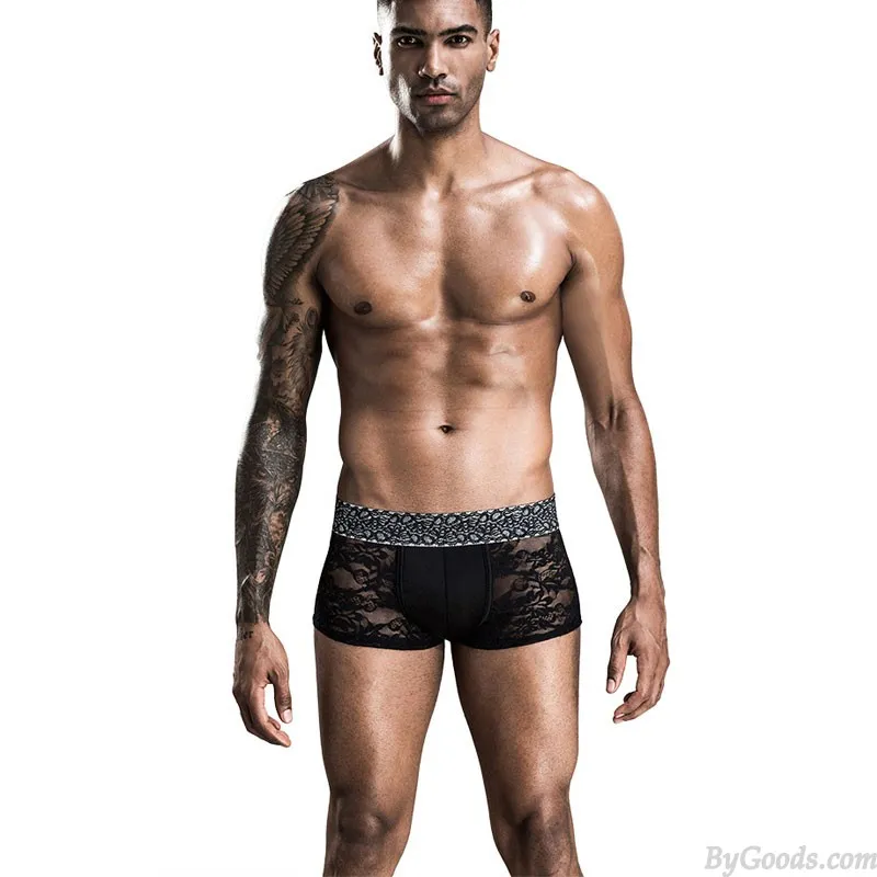 Sexy Black Flower Hollow Mesh Lace Boxer Briefs Lingerie Undie Breathable Men's Underwear Lingerie Underpants 