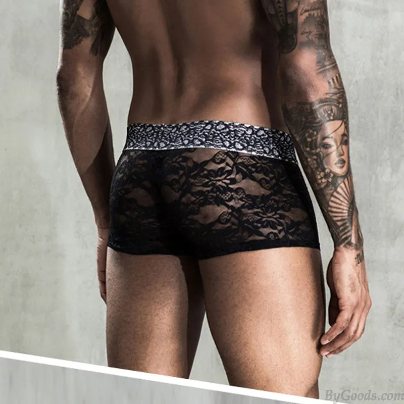 Sexy Black Flower Hollow Mesh Lace Boxer Briefs Lingerie Undie Breathable Men's Underwear Lingerie Underpants 