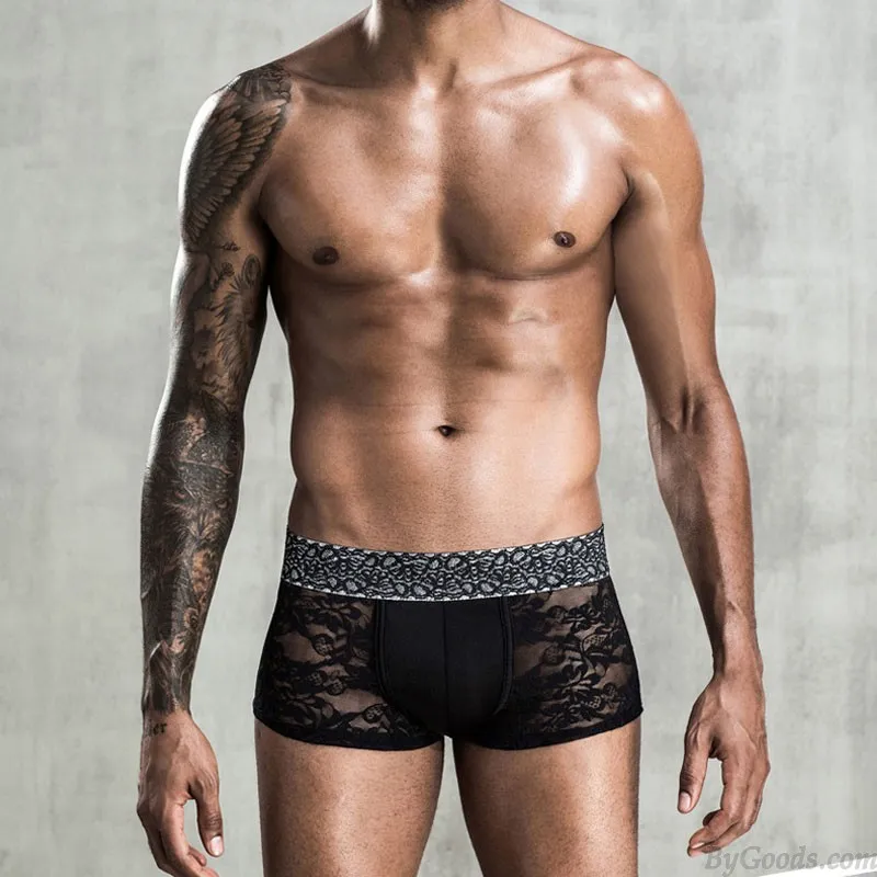 Sexy Black Flower Hollow Mesh Lace Boxer Briefs Lingerie Undie Breathable Men's Underwear Lingerie Underpants 