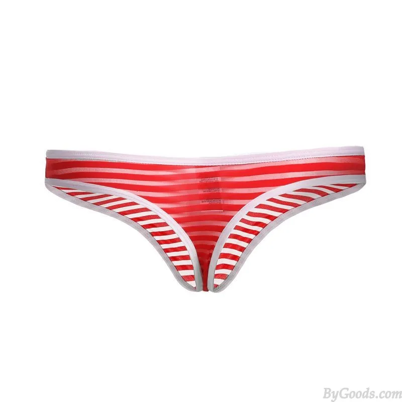 Sexy Breathable Sheer Mesh Stripe Bulge Pouch Thong Lingerie For Men Briefs Mesh T-back Underpants Low Rise Sissy Underwear 