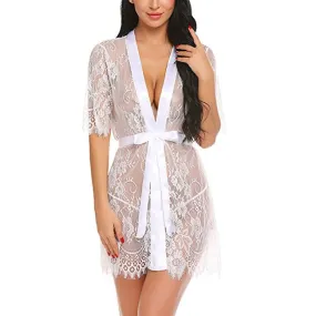 Sexy Chemise For Women Lace Nightgown Pajamas Middle Sleeve Deep V Lace Intimate Lingerie