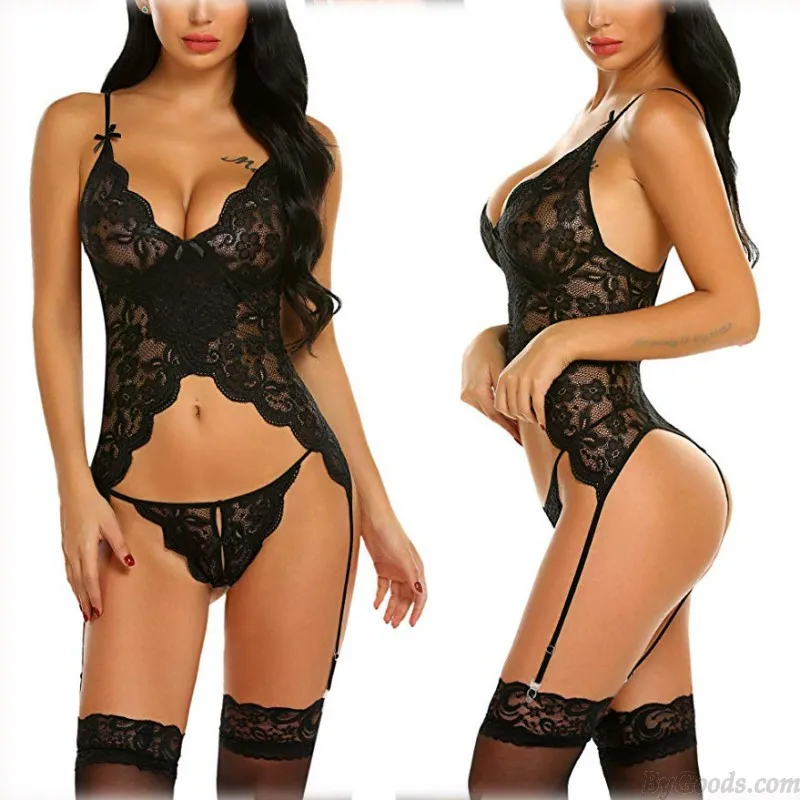 Sexy Front Open Lace Teddy Garter Belt Bra Panty Set Halter Lingerie Nightgown Lingerie For Women Underwear