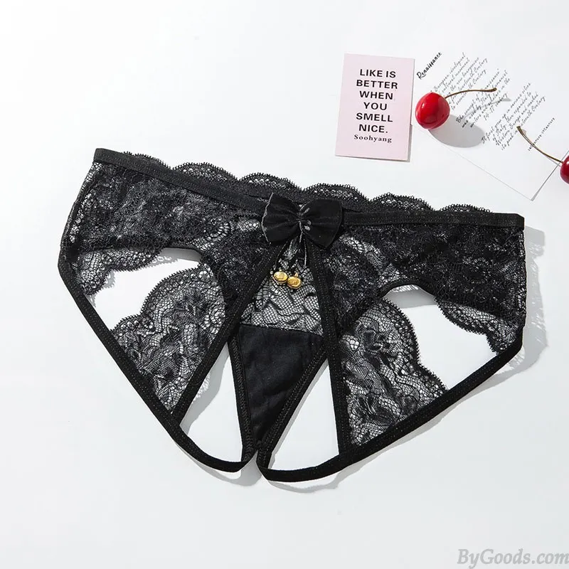 Sexy Lace Bell Bowknot Hollow Crotchless Thin Low Waist Thong T-Back Lingerie Underwear Seamless Slutty Underpants Naughty Brief