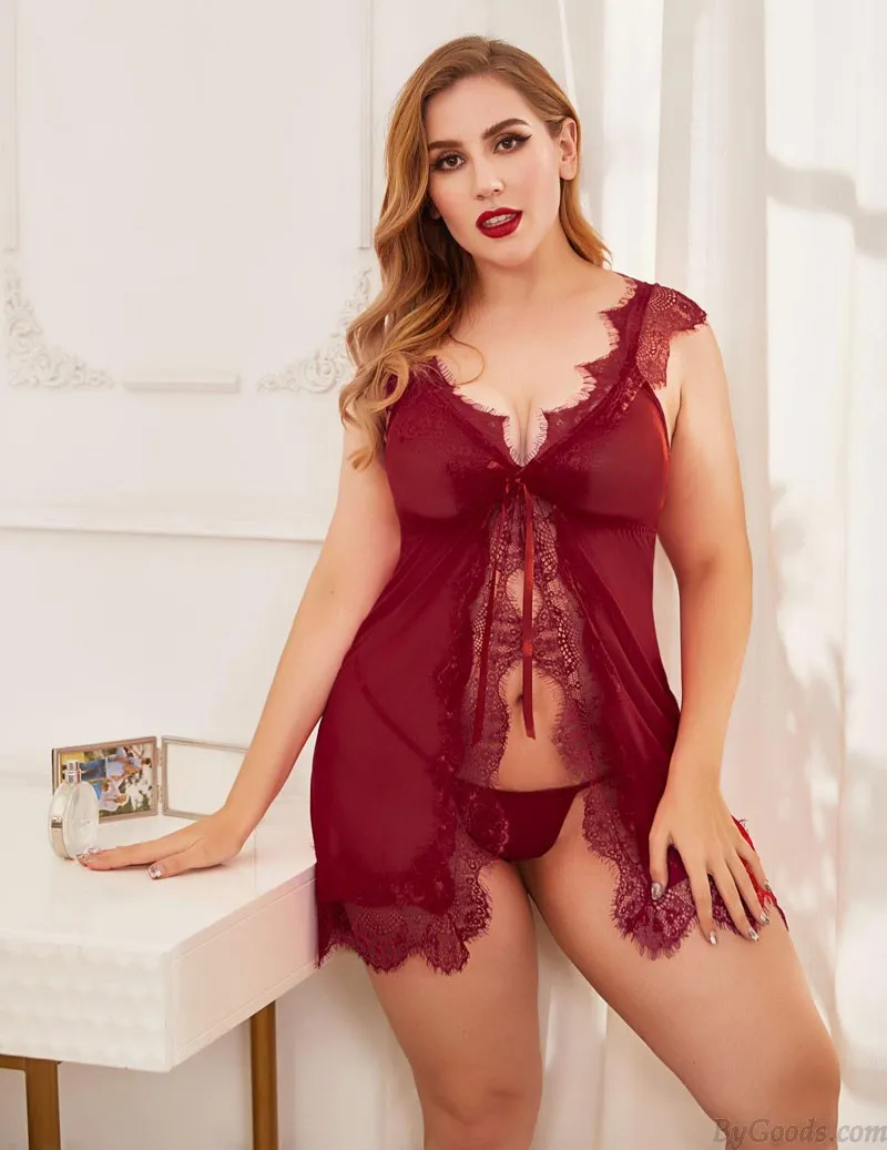 Sexy Lace Hollow Babydoll For Women Perspective Exotic Open Front Nightgown Lingerie V Neck Chemise 