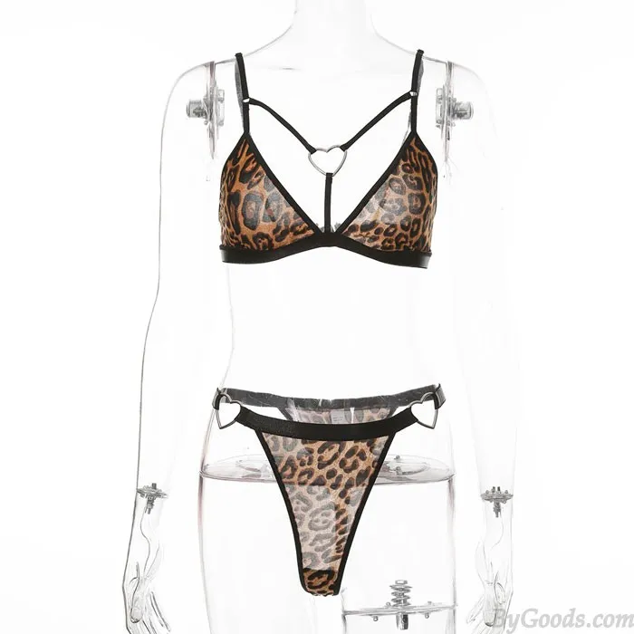 Sexy Love Heart Ring Leopard Bra Panty 2 Piece Set Underwear Hot Intimate Women's Lingerie