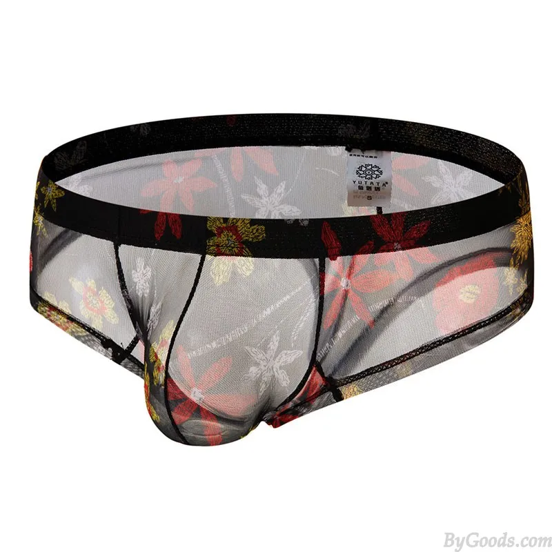 Sexy Men's Printed Lingerie See-through Mesh Underwear Bohemia Boxer Briefs Lingerie