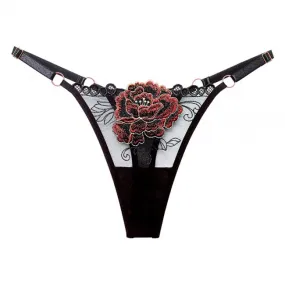 Sexy Mesh Sheer Flower Rose Embroidery Naughty Briefs Women's Underwear Thong T-Back Lingerie Erotic Underpants Breathable Panti