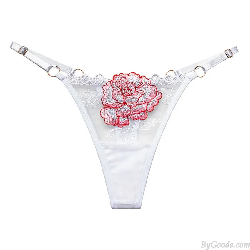 Sexy Mesh Sheer Flower Rose Embroidery Naughty Briefs Women's Underwear Thong T-Back Lingerie Erotic Underpants Breathable Panti