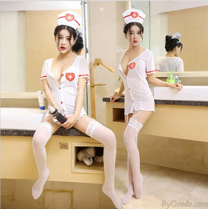 Sexy Nurse Cosplay Short Nightgown Chemise Female Stocking Lingerie Uniform Innocent Temptation Nurse Lingerie