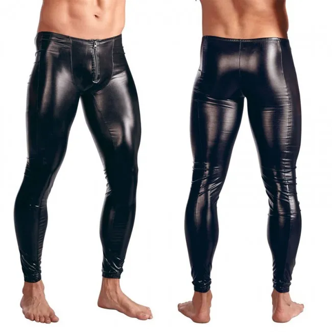  Sexy Patent Leather Tight Lingerie Leggings Bar Performance Pants Night Club Long Trousers Men's Lingerie