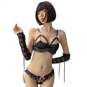 Sexy Pearl Bowknot Underwear Bra Panty 2 Piece Set Mesh Cosplay Naughty Lace Maid Lingerie 
